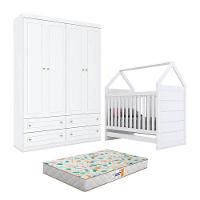 Berço Montessoriano Americano E Guarda Roupa Infantil Mississipi 4 Portas Branco Com Colchão Gazin - 1