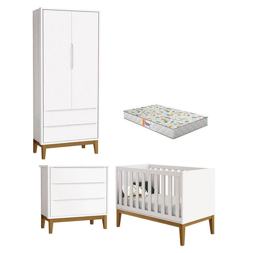 Quarto De Bebê 2 Portas E Cômoda Gaveteiro New Classic Branco Com Pés Madeira E Colchão Gazin - Reller - 1