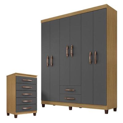 Guarda Roupa Casal com Cômoda Módena Cannes 6 Portas 5 Gavetas em MDP Carvalho Americano Grafite