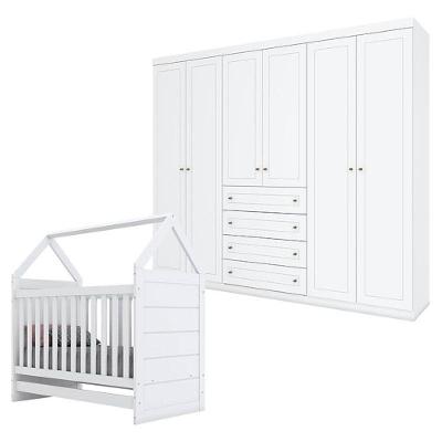 Berço Montessoriano E Guarda Roupa Infantil Mississipi 6 Portas Branco - Henn