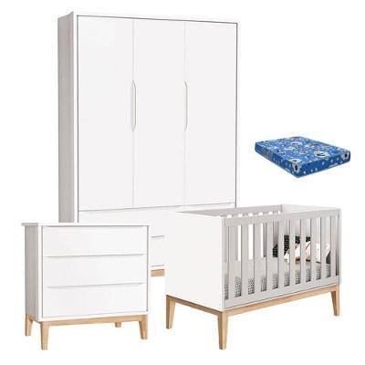 Quarto de Bebê Classic com Berço Americano Colchão Cômoda Gaveteiro Guarda Roupa Branco Reller