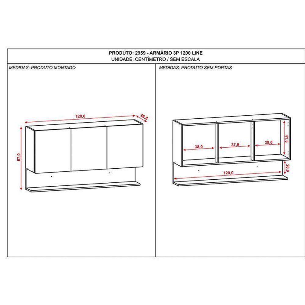 Armário Aéreo Line 3 Portas 120 Cm Supremo Freijó - Kits Paraná - 3