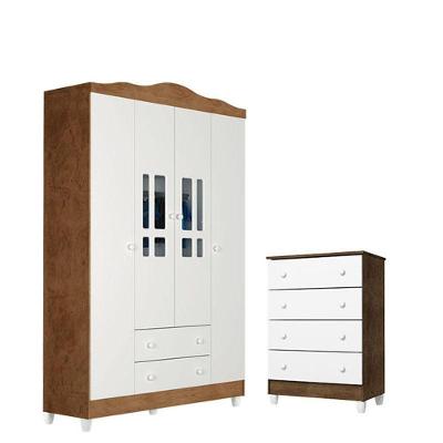 Cômoda Gaveteiro e Guarda Roupa Infantil Ariel 4 Gavetas MDF Puxador Plástico Branco Acetinado