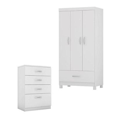 Cômoda e Guarda Roupa Solteiro Astral Prince 3 Portas Giratórias 1 Gaveta em MDP Branco