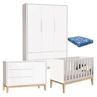 Quarto De Bebê Classic 3 Portas Com Colchão Branco Pés Madeira Natural - Reller - 1