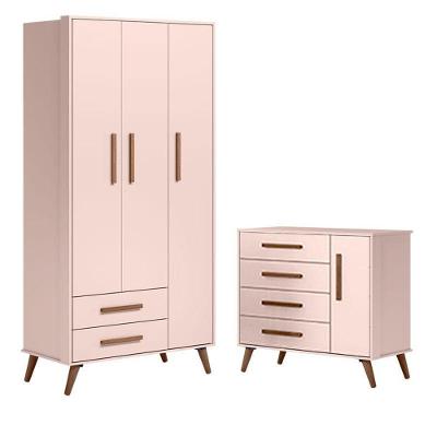 Cômoda e Guarda Roupa Q Encanto Retrô 3 Portas em MDP 94cm Rosa Qmovi