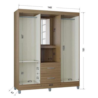 Guarda Roupa Solteiro Cordoba 4 Portas 2 Gavetas Castanho MDP com Espelho Poquema