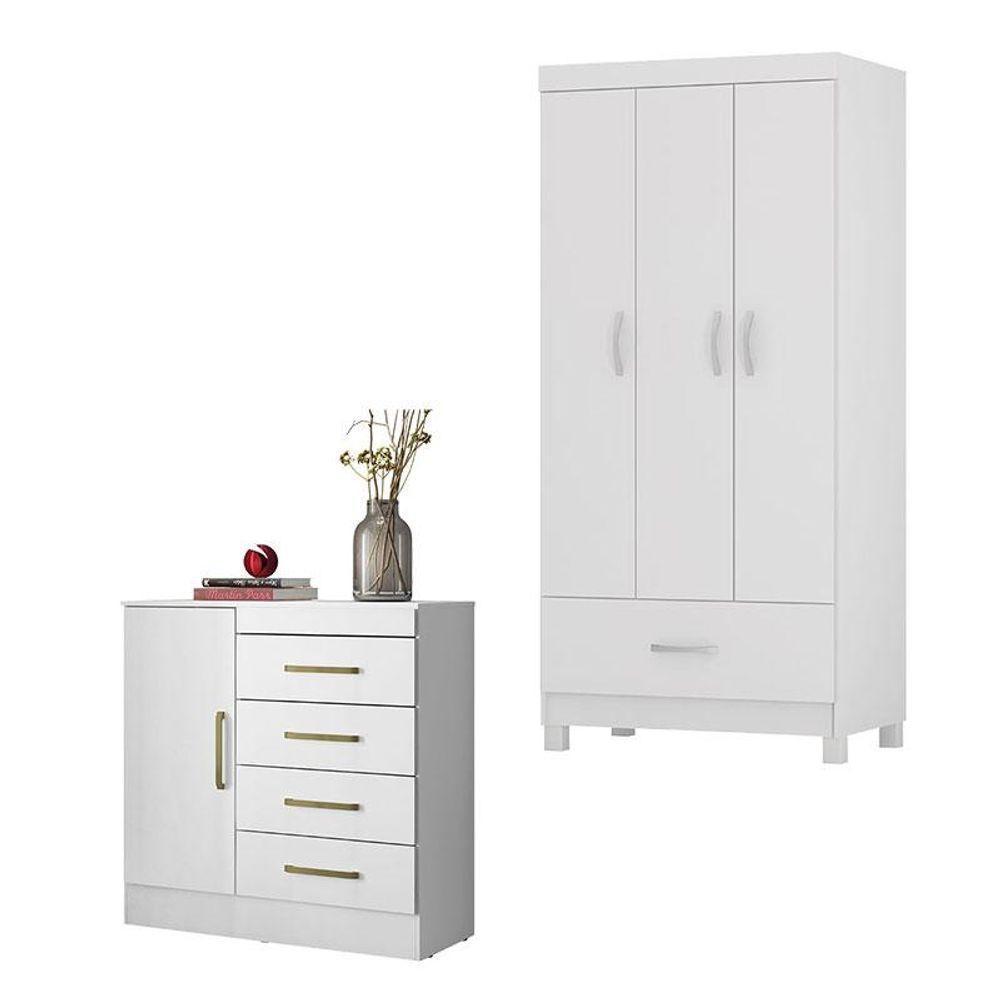 Cômoda Montevidéu E Guarda Roupa Solteiro Prince Branco - Demóbile - 1