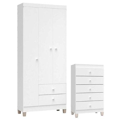 Cômoda Gaveteiro e Guarda Roupa Infantil Ternura Baby 3 Portas Giratórias 2 Gavetas Branco Brilho
