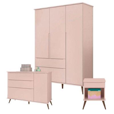 Cômoda e Guarda Roupa com Mesa de Apoio Alice MDF Puxador MDF Rosa Acetinado