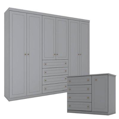 Cômoda e Guarda Roupa Casal Americano 6 Portas de Bater 4 Gavetas em MDF Cinza
