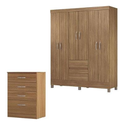 Cômoda e Guarda Roupa Casal Astral Flash 2 6 Portas 2 Gavetas em MDP Texturizado Amêndola Touch
