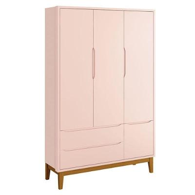 Guarda Roupa Infantil New Classic 3 Portas 2 Gavetas Rosa com Pés Madeira