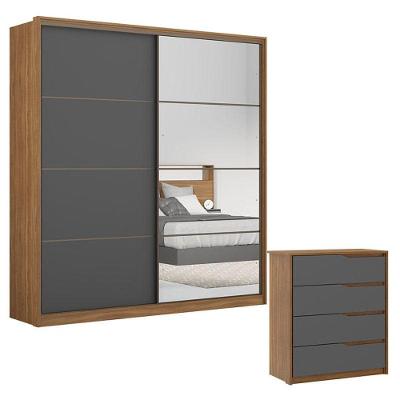 Cômoda Atria E Guarda Roupa Casal Belga 2 Portas 1 Porta Em Espelho Amendola Grafito Flex Demârtez