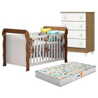 Berço Americano Lara E Cômoda Gaveteiro Mel Flat Branco Acetinado Amadeirado Com Colchão Gazin - 1