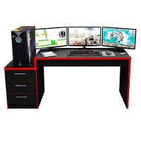Mesa Para Computador Gamer Drx 5000 E Livreiro Office Preto Trama Vermelho - Móveis Leão - 5