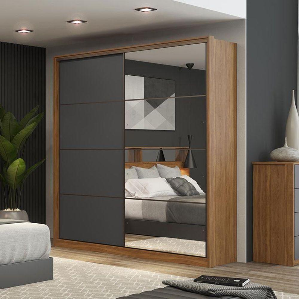 Guarda Roupa Casal Belga 2 Portas 1 Porta Em Espelho Amêndola Grafito - Demartêz - 2