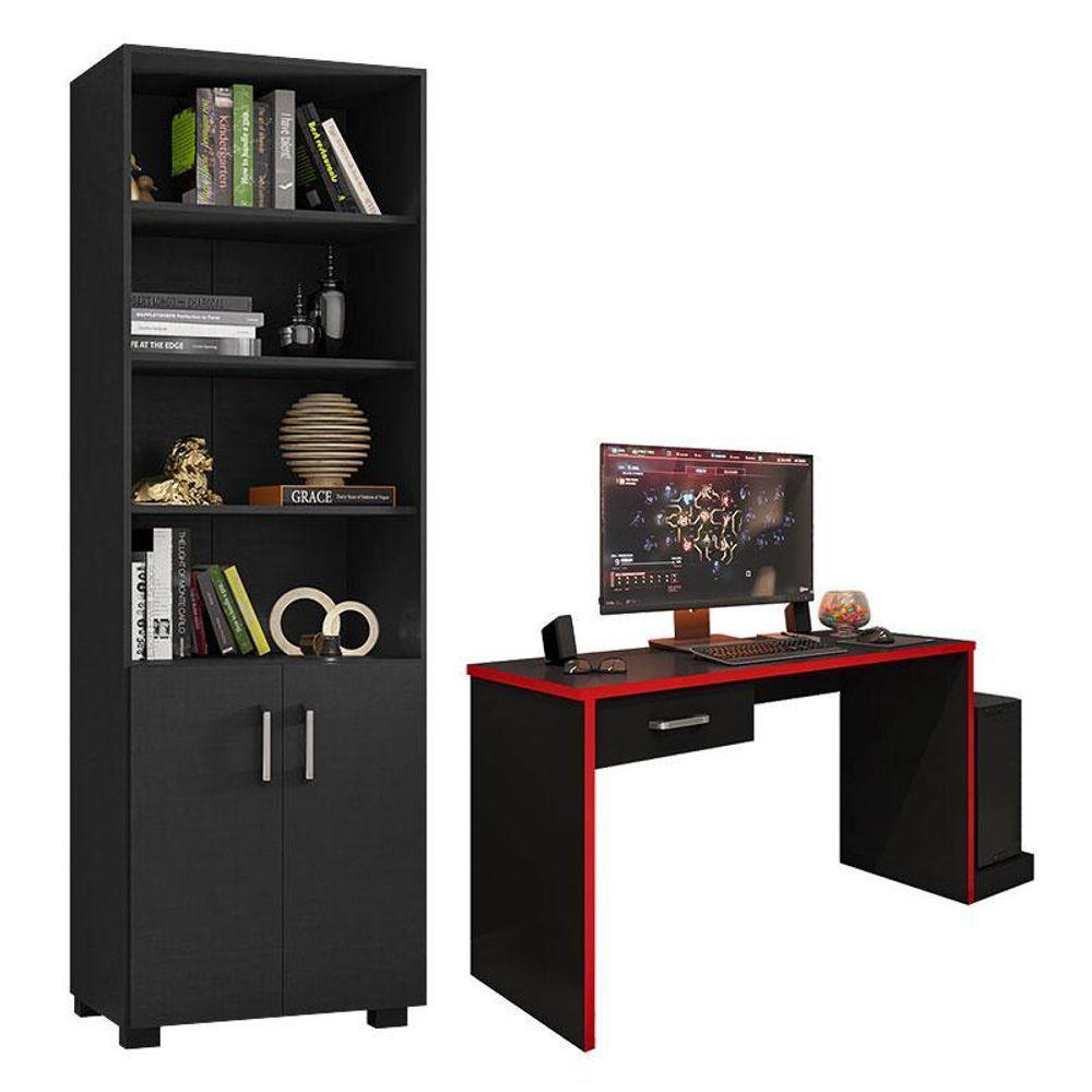 Mesa Para Computador Gamer Drx 9000 E Livreiro Office Com Portas Pequenas Preto Trama Vermelho - Móveis Leão - 1