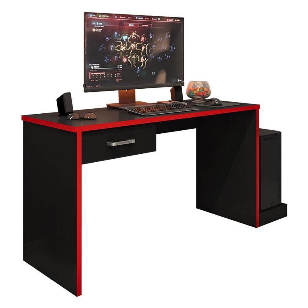 Mesa Para Computador Gamer Drx 9000 E Livreiro Office Com Portas Pequenas Preto Trama Vermelho - Móveis Leão - 4