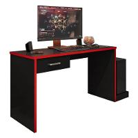 Mesa Para Computador Gamer Drx 9000 E Livreiro Office Com Portas Pequenas Preto Trama Vermelho - Móveis Leão - 4