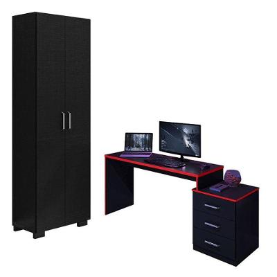 Mesa Para Computador Gamer Drx 5000 E Livreiro Office Com Portas Grandes Preto Trama Vermelho - Móveis Leão