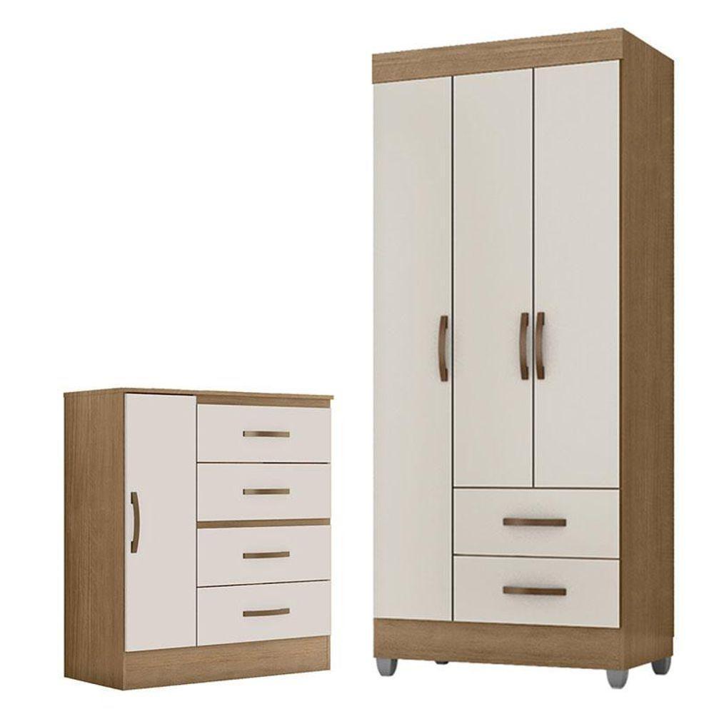 Guarda Roupa Solteiro 3 Portas E Cômoda 4 Gavetas E 1 Porta Lite Nature Off White - Móveis Leão - 1