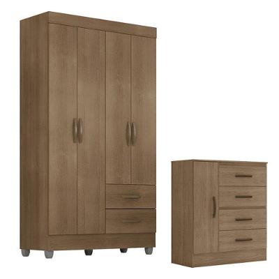 Guarda Roupa Solteiro 4 Portas E Cômoda 4 Gavetas E 1 Porta Lite Carvalho Oak - Móveis Leão