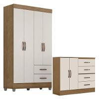Guarda Roupa Solteiro 4 Portas E Cômoda 4 Gavetas E 2 Portas Lite Nature Off White - Móveis Leão - 1
