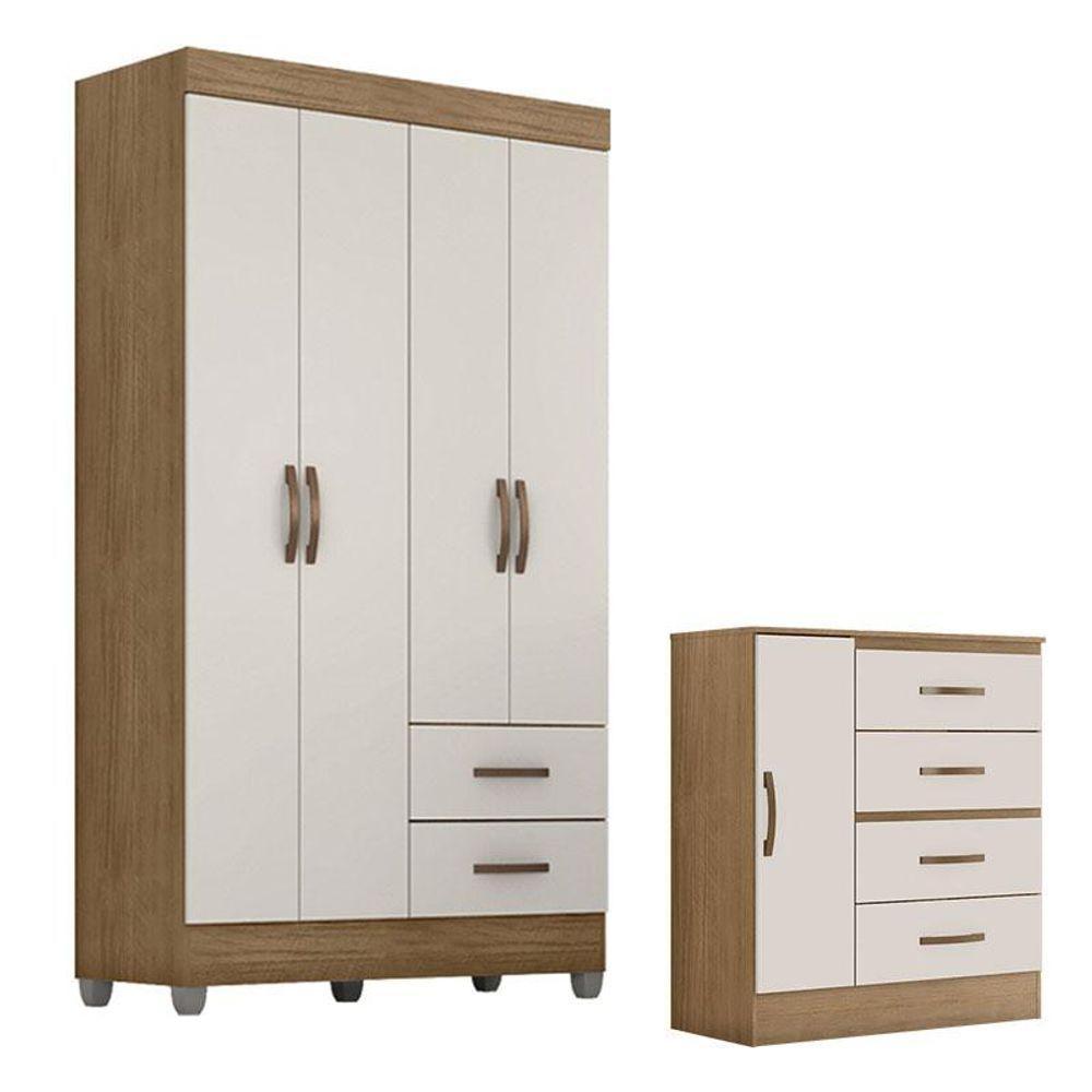 Guarda Roupa Solteiro 4 Portas E Cômoda 4 Gavetas E 1 Porta Lite Nature Off White - Móveis Leão - 1