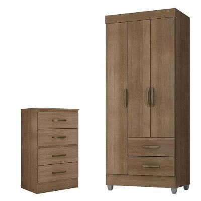 Guarda Roupa Solteiro 3 Portas E Cômoda 4 Gavetas Lite Carvalho Oak - Móveis Leão