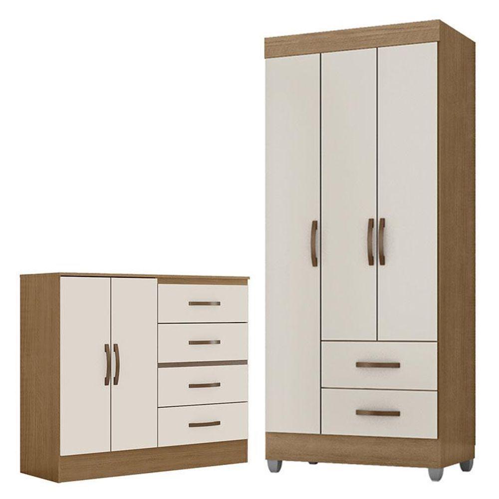 Guarda Roupa Solteiro 3 Portas E Cômoda 4 Gavetas E 2 Portas Lite Nature Off White - Móveis Leão - 1