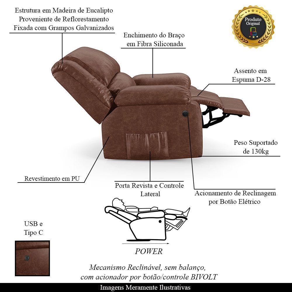 Poltrona Do Papai Reclinável Melim Controle Power Elétrico Usb Pu Brilho Fh1 - D'rossi Cor Marrom - 6
