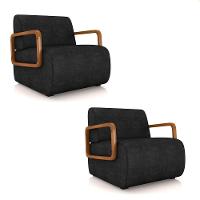 Poltrona Sala De Estar Braço De Madeira Kit 2 Hellen Sintético Pu Preto K01 - D'rossi - 1