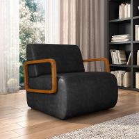 Poltrona Sala De Estar Braço De Madeira Kit 2 Hellen Sintético Pu Preto K01 - D'rossi - 6