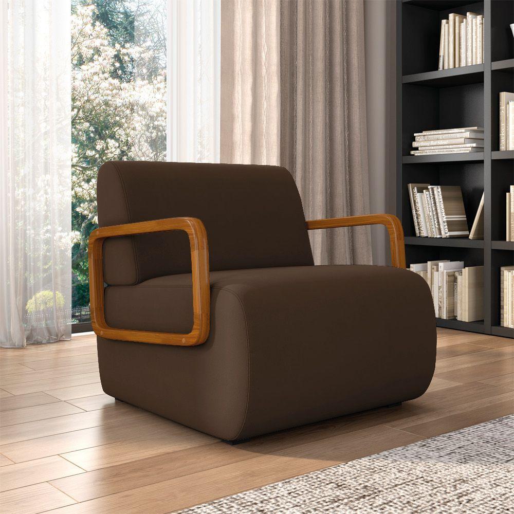 Poltrona Sala De Estar Braço De Madeira Kit 2 Hellen Veludo Marrom K01 - D'rossi - 6