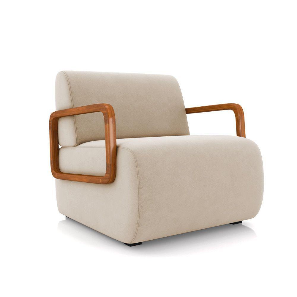 Poltrona Sala De Estar Braço De Madeira Hellen Veludo K01 - D'rossi Cor Bege - 1