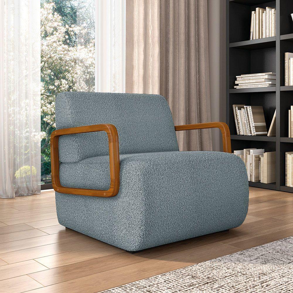 Poltrona Sala De Estar Braço De Madeira Kit 2 Hellen Bouclê K01 - D'rossi Cor Azul - 6