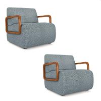 Poltrona Sala De Estar Braço De Madeira Kit 2 Hellen Bouclê K01 - D'rossi Cor Azul - 1