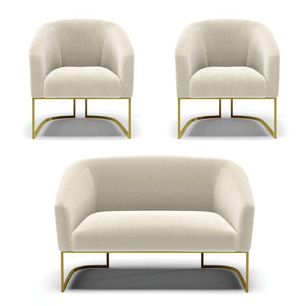 Namoradeira E 2 Poltronas Industrial Dourado Stella Bouclê D03 - D'rossi Cor Mostarda - 1