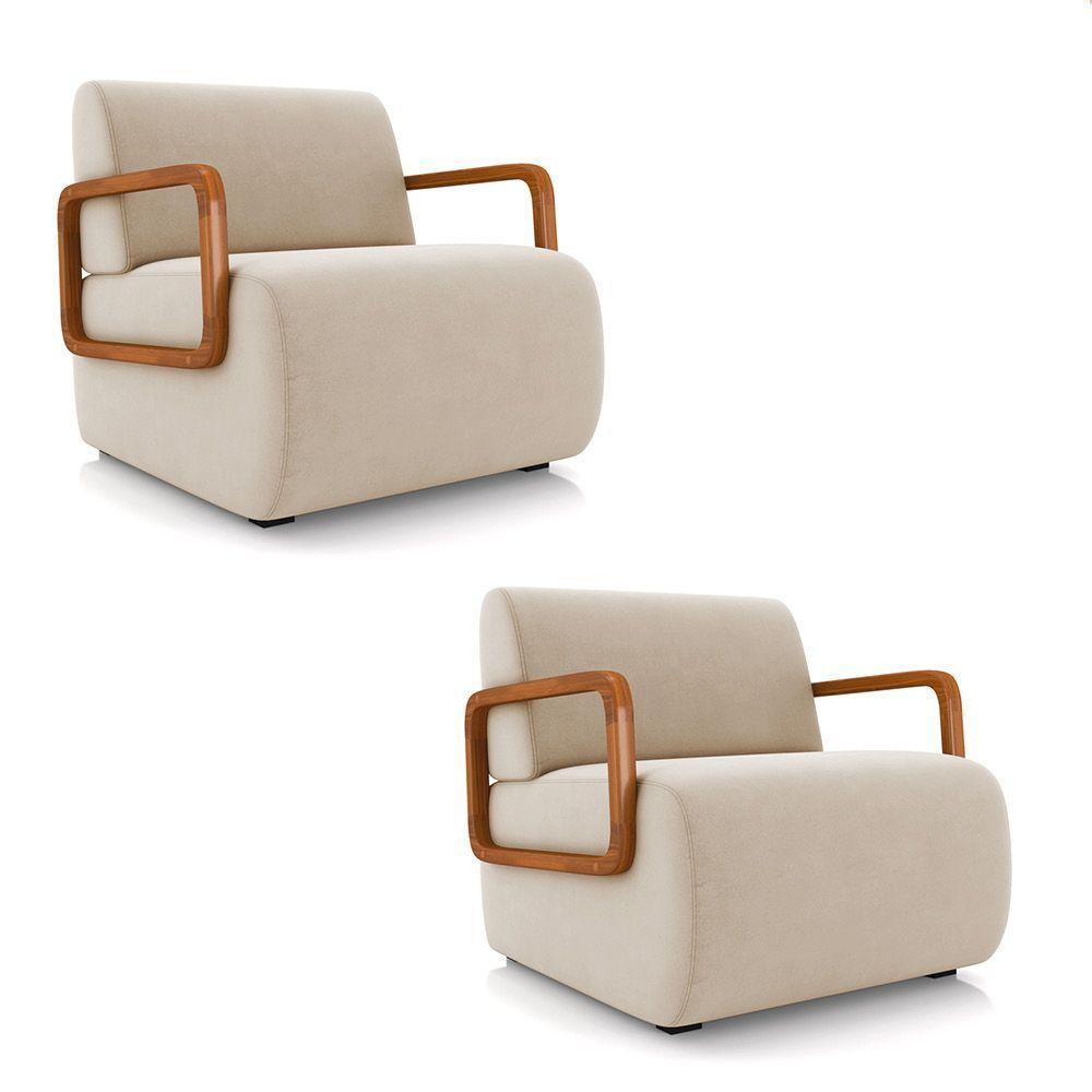 Poltrona Sala De Estar Braço De Madeira Kit 2 Hellen Veludo K01 - D'rossi Cor Bege - 1