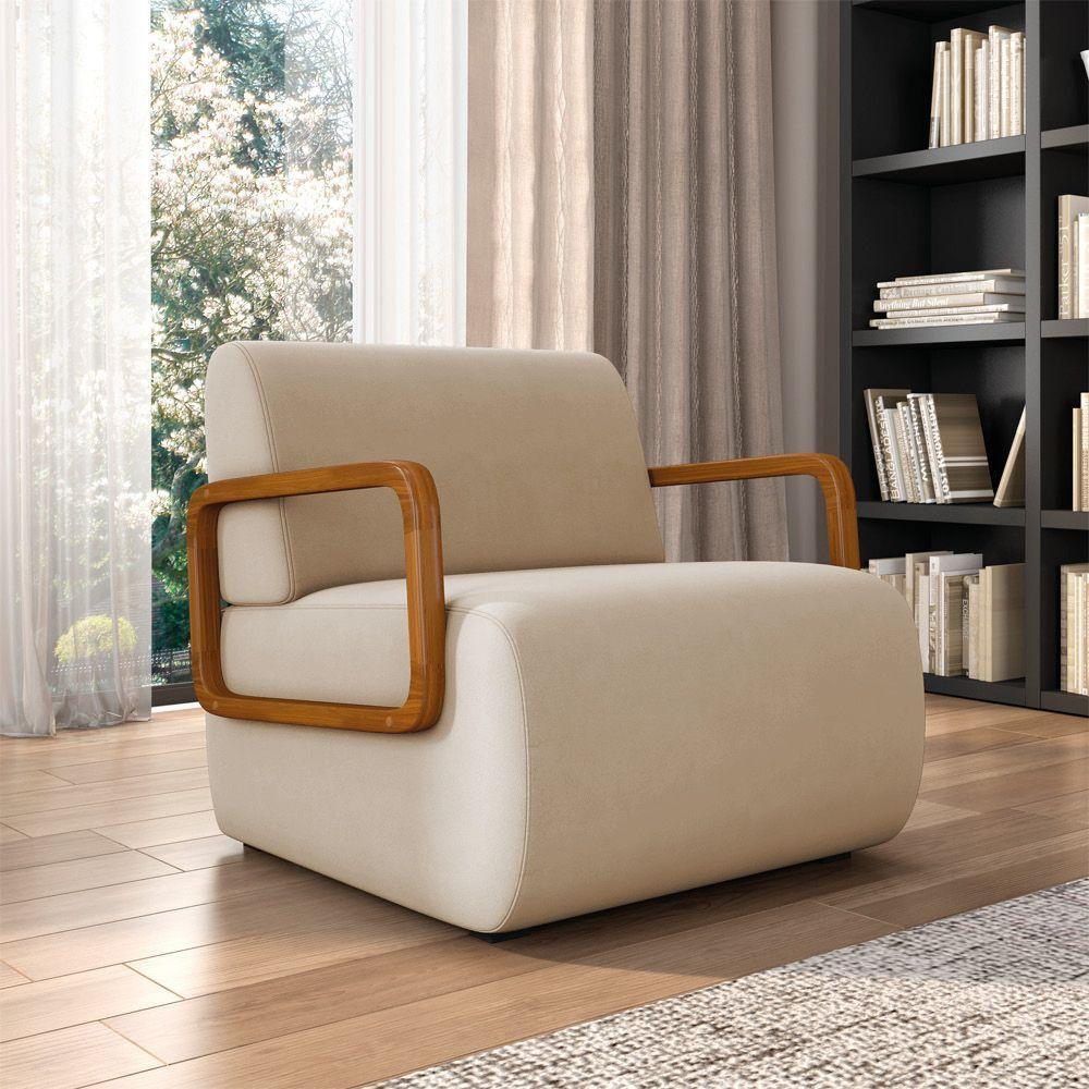 Poltrona Sala De Estar Braço De Madeira Kit 2 Hellen Veludo K01 - D'rossi Cor Bege - 6