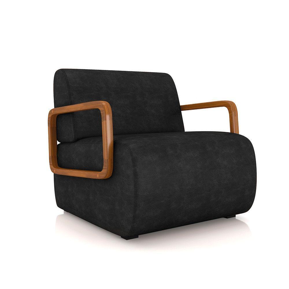 Poltrona Sala De Estar Braço De Madeira Hellen Sintético Pu Preto K01 - D'rossi - 1