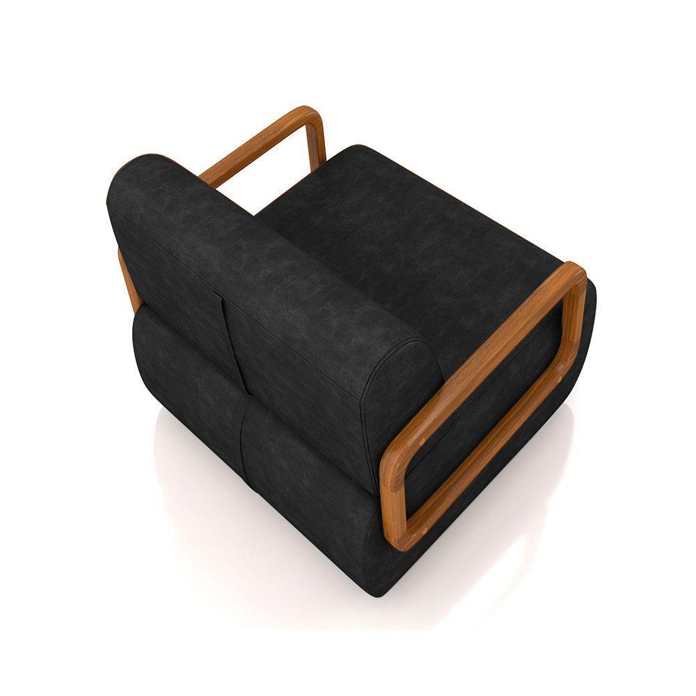 Poltrona Sala De Estar Braço De Madeira Hellen Sintético Pu Preto K01 - D'rossi - 3