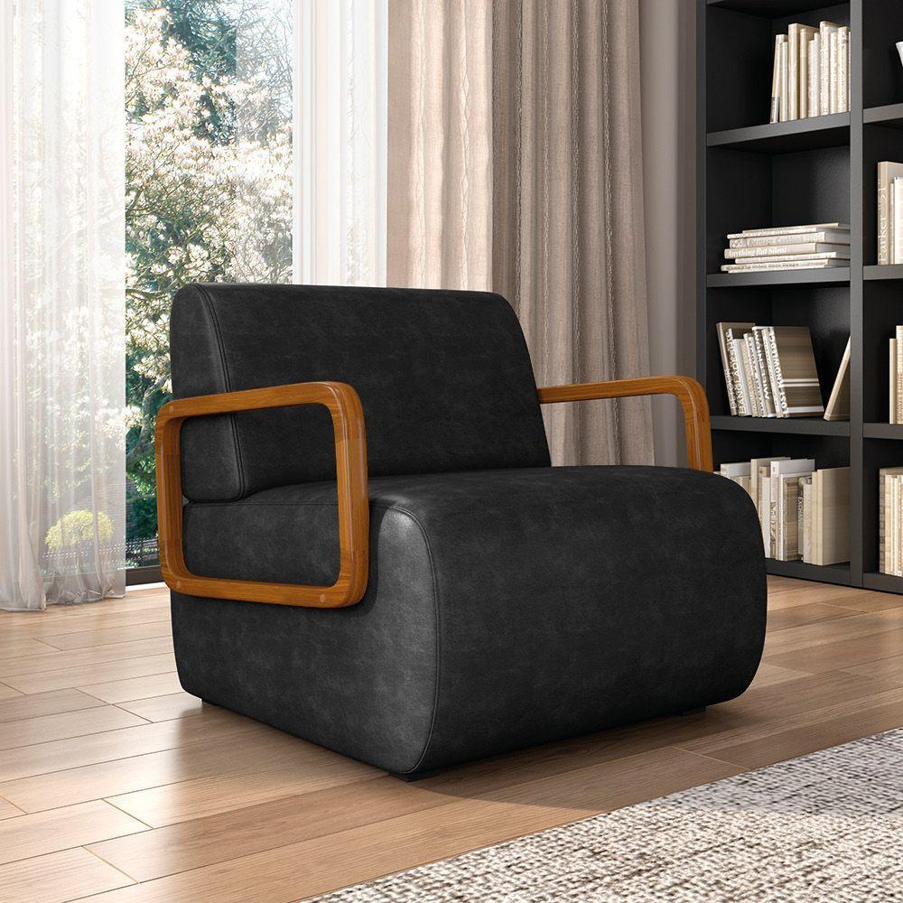 Poltrona Sala De Estar Braço De Madeira Hellen Sintético Pu Preto K01 - D'rossi - 6