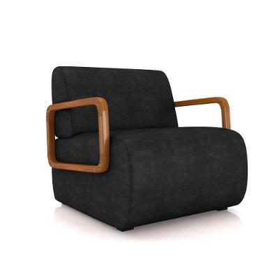 Poltrona Sala De Estar Braço De Madeira Hellen Sintético Pu Preto K01 - D'rossi