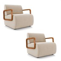 Poltrona Sala De Estar Braço De Madeira Kit 2 Hellen Veludo Bege K01 - D'rossi - 1