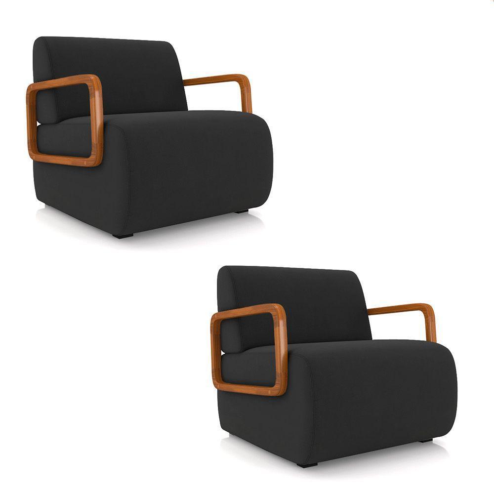 Poltrona Sala De Estar Braço De Madeira Kit 2 Hellen Veludo K01 - D'rossi Cor Preto - 1