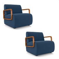 Poltrona Sala De Estar Braço De Madeira Kit 2 Hellen Veludo Azul Marinho K01 - D'rossi - 1