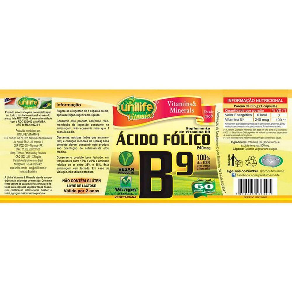 Kit 5 Vitamina B9 Ácido Fólico 60 Cápsulas Unilife - 4