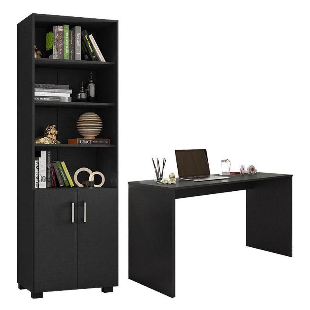 Mesa Para Computador Gávea E Livreiro Office Com Portas Pequenas Preto Trama - Móveis Leão - 1